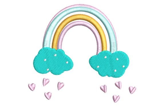 Sweet Pastel Rainbow and Clouds with Hearts Embroidery Design